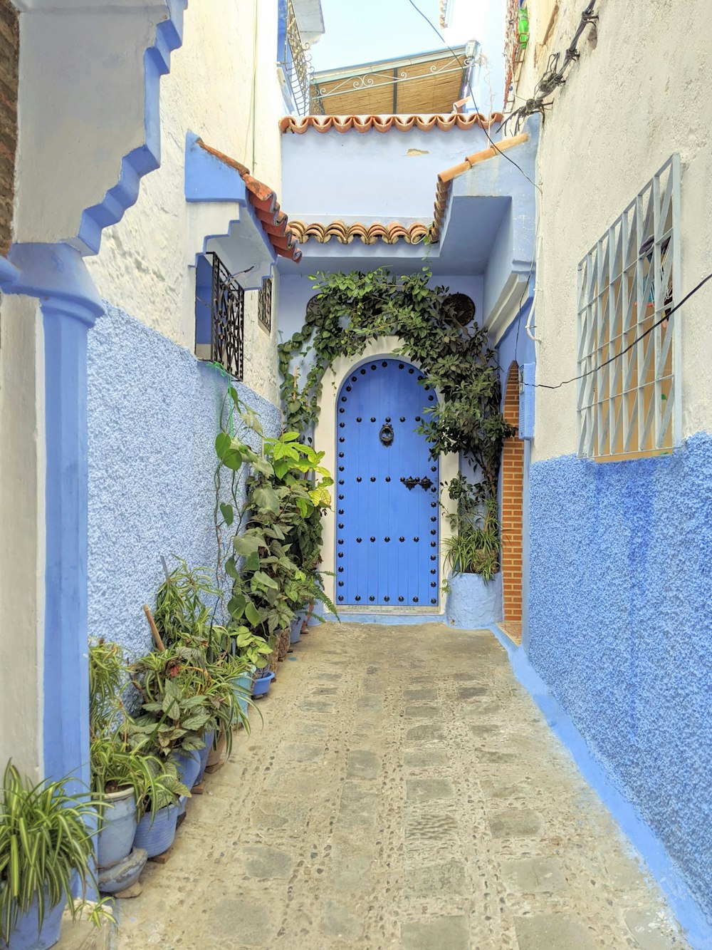 blue wooden door on white concrete building