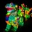 Vibrant, illuminated sculptures of mythical creatures with intricate patterns and bright colors. These figures are prominently set against a dark backdrop, likely in a nighttime setting, showcasing a dynamic mix of swirling lines and ornate details.