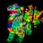 Vibrant, illuminated sculptures of mythical creatures with intricate patterns and bright colors. These figures are prominently set against a dark backdrop, likely in a nighttime setting, showcasing a dynamic mix of swirling lines and ornate details.