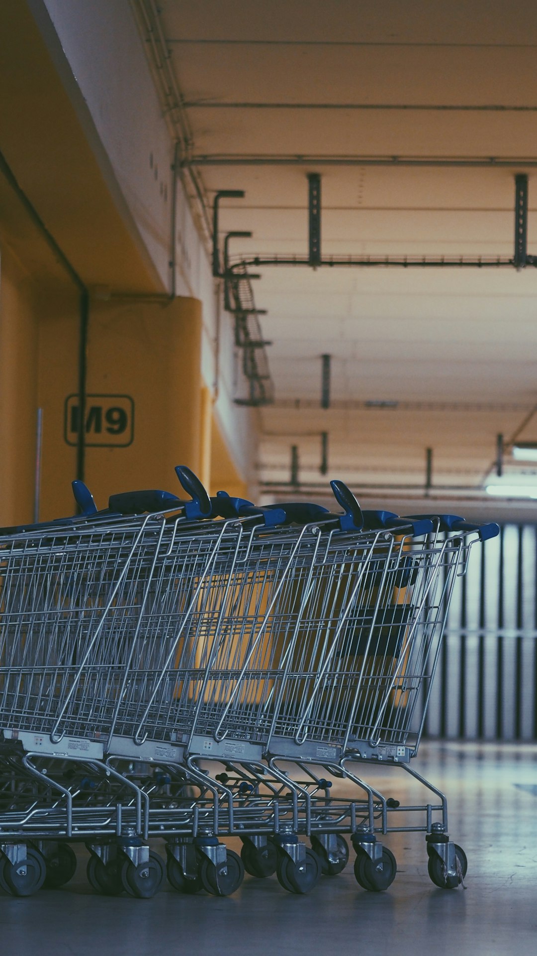 blue shopping cart near white wall