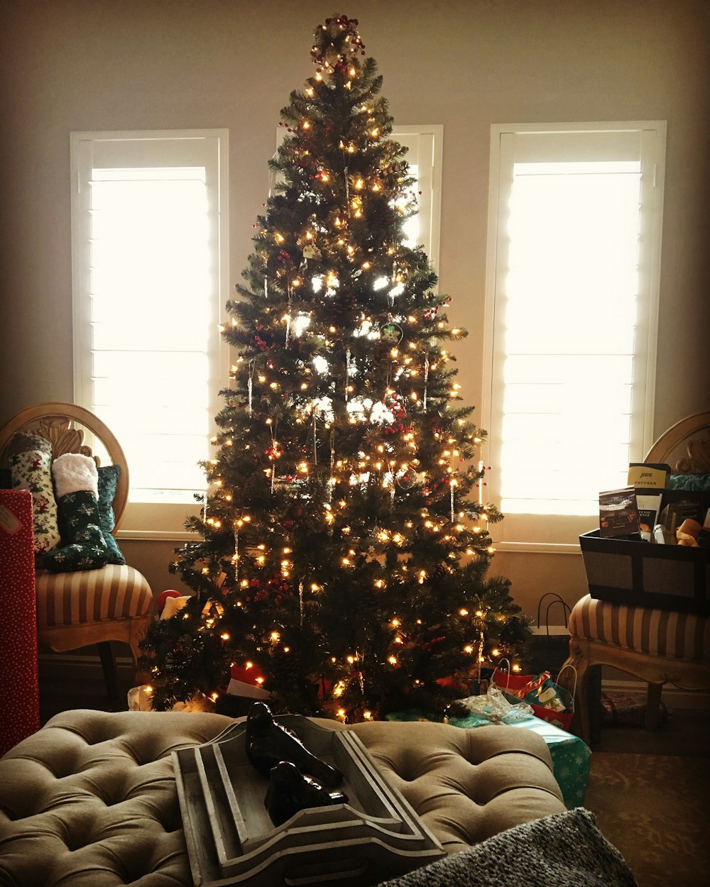 green christmas tree with string lights