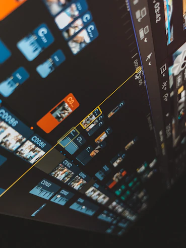 A dynamic video editor working intensely on a timeline filled with colorful clips.