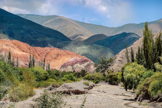 green grass and brown mountain under white clouds during daytime in Purmamarca Argentina