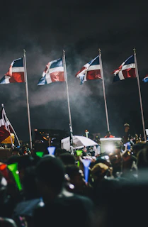 A vibrant crowd dressed in Liberia's red, white, and blue celebrating outdoors with flags waving under a bright summer sky in Houston.