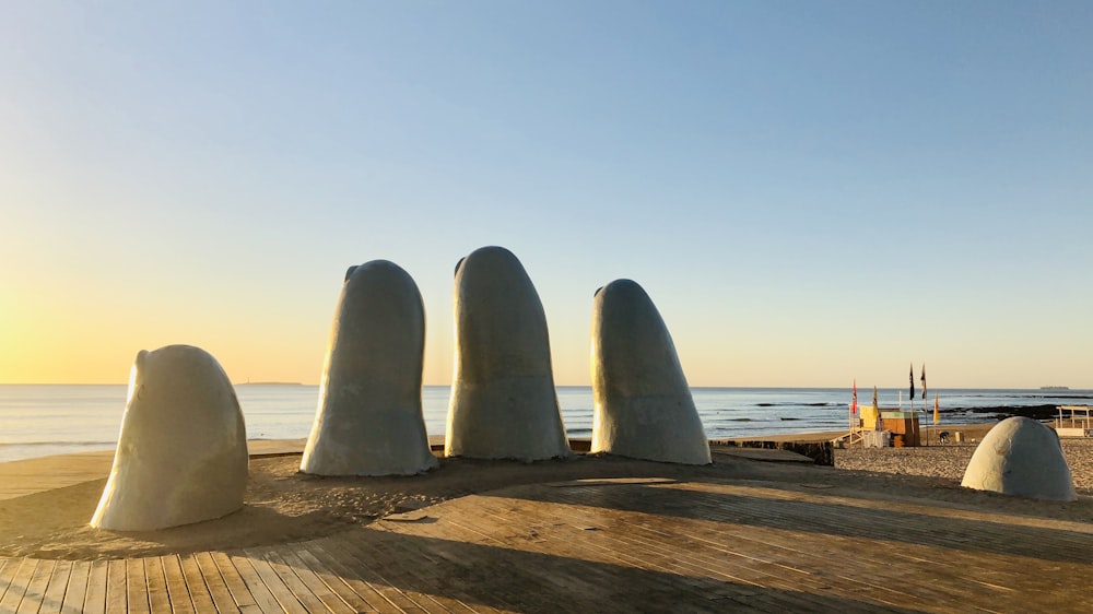 gray stone on brown wooden table near body of water during daytime