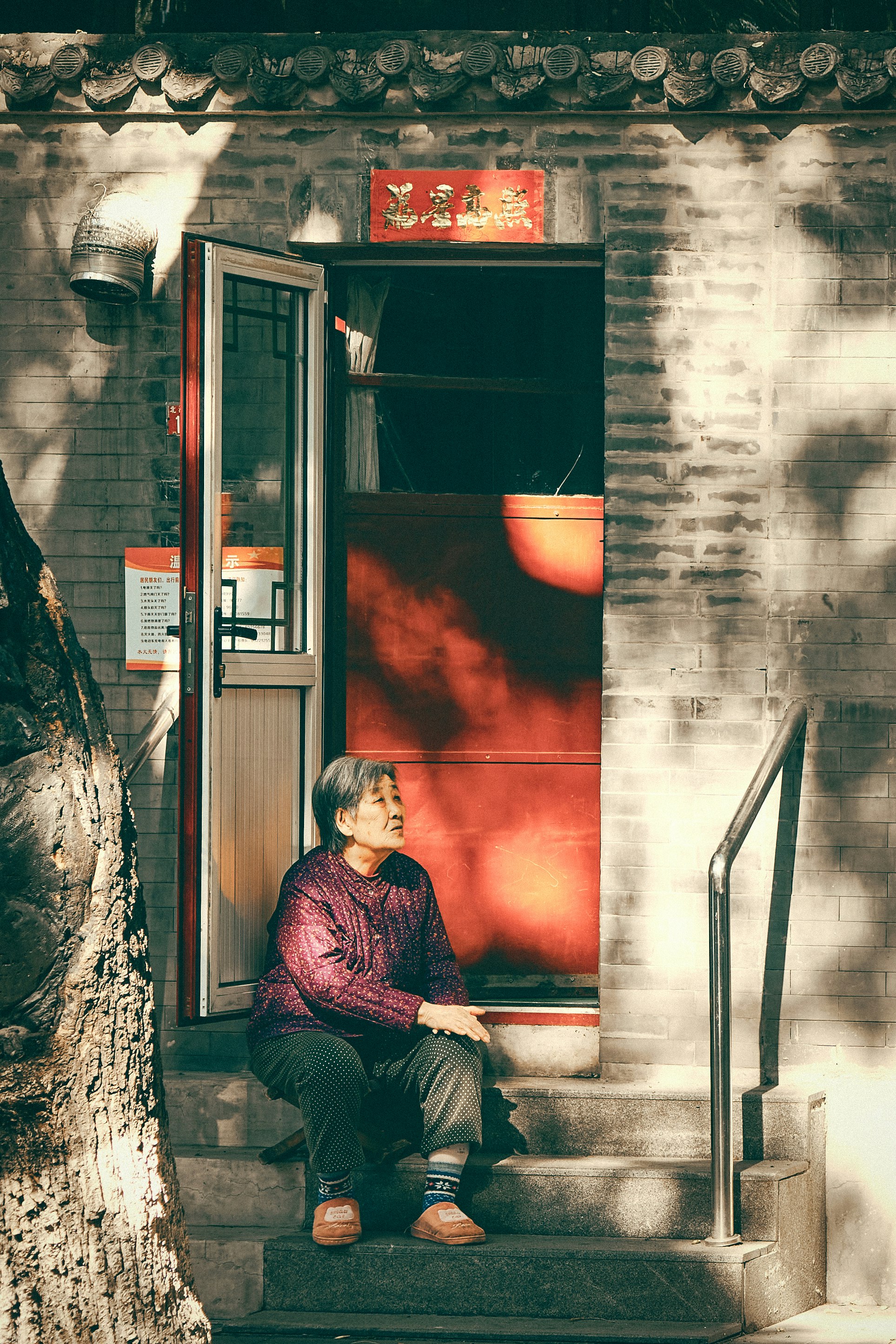 woman in purple long sleeve shirt sitting on stairs