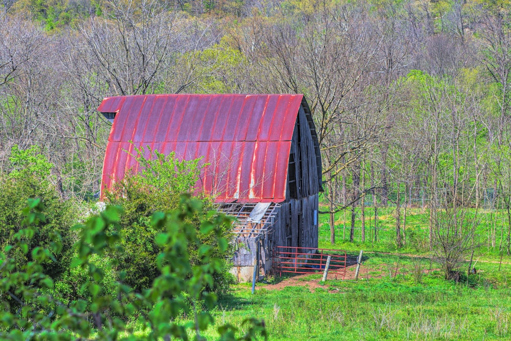 red wooden barn near green trees during daytime