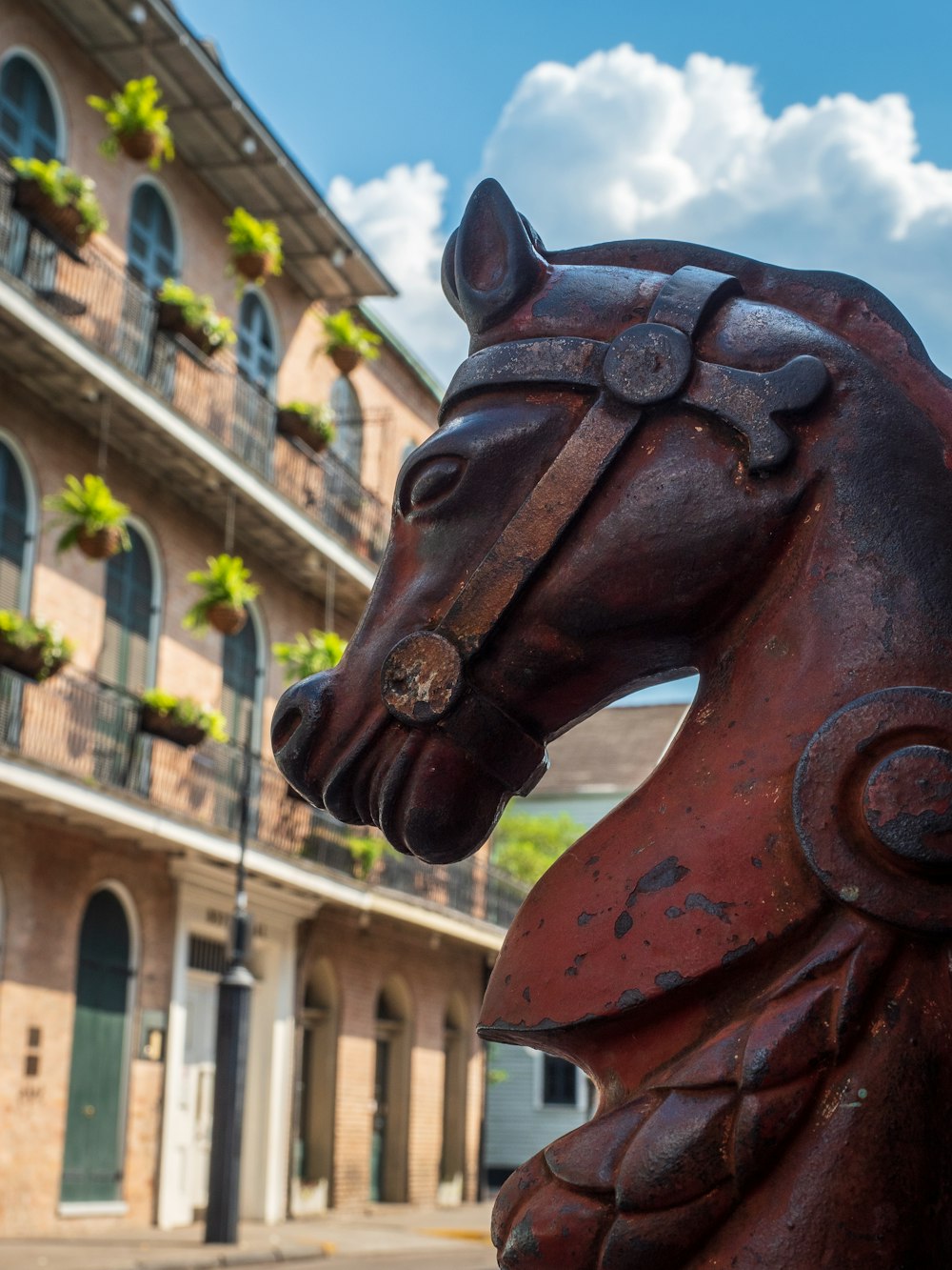 brown wooden horse statue near brown concrete building during daytime