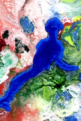 An abstract painting featuring a prominent blue silhouette resembling a human figure set against a dynamic and swirling background of vibrant colors. The backdrop showcases a combination of greens, reds, and whites, with intricate textures give a sense of movement and fluidity.