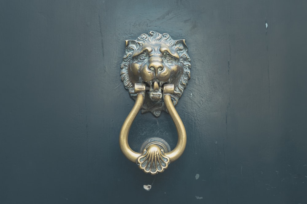 gold lion door handle on blue wooden door