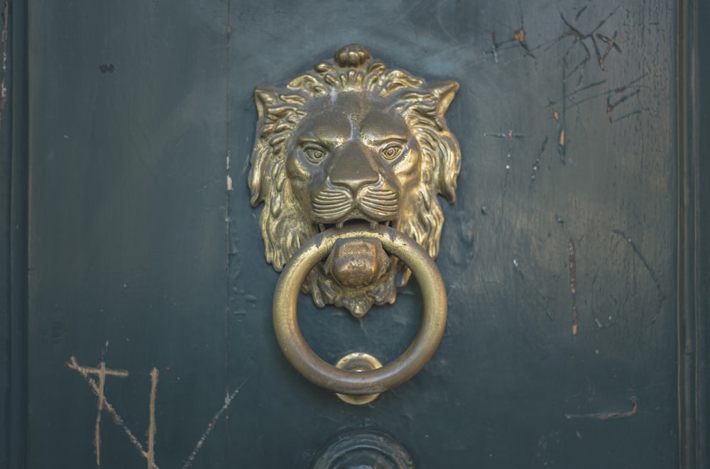 gold lion door handle on blue wooden door