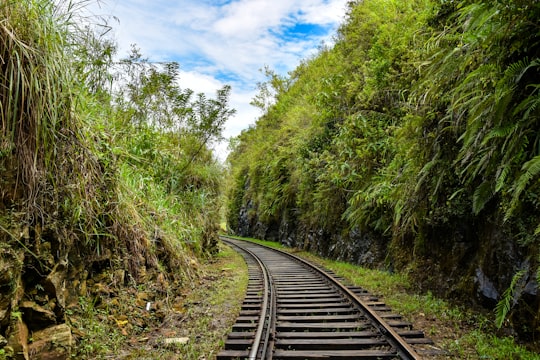 black metal train rail between green trees under blue sky during daytime in Ella Sri Lanka