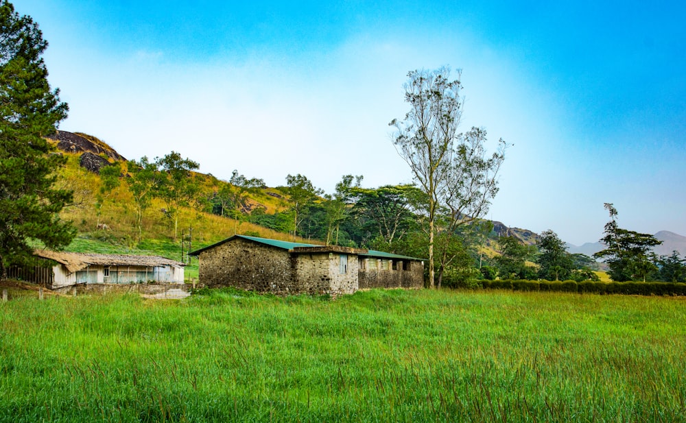 brown concrete house on green grass field during daytime