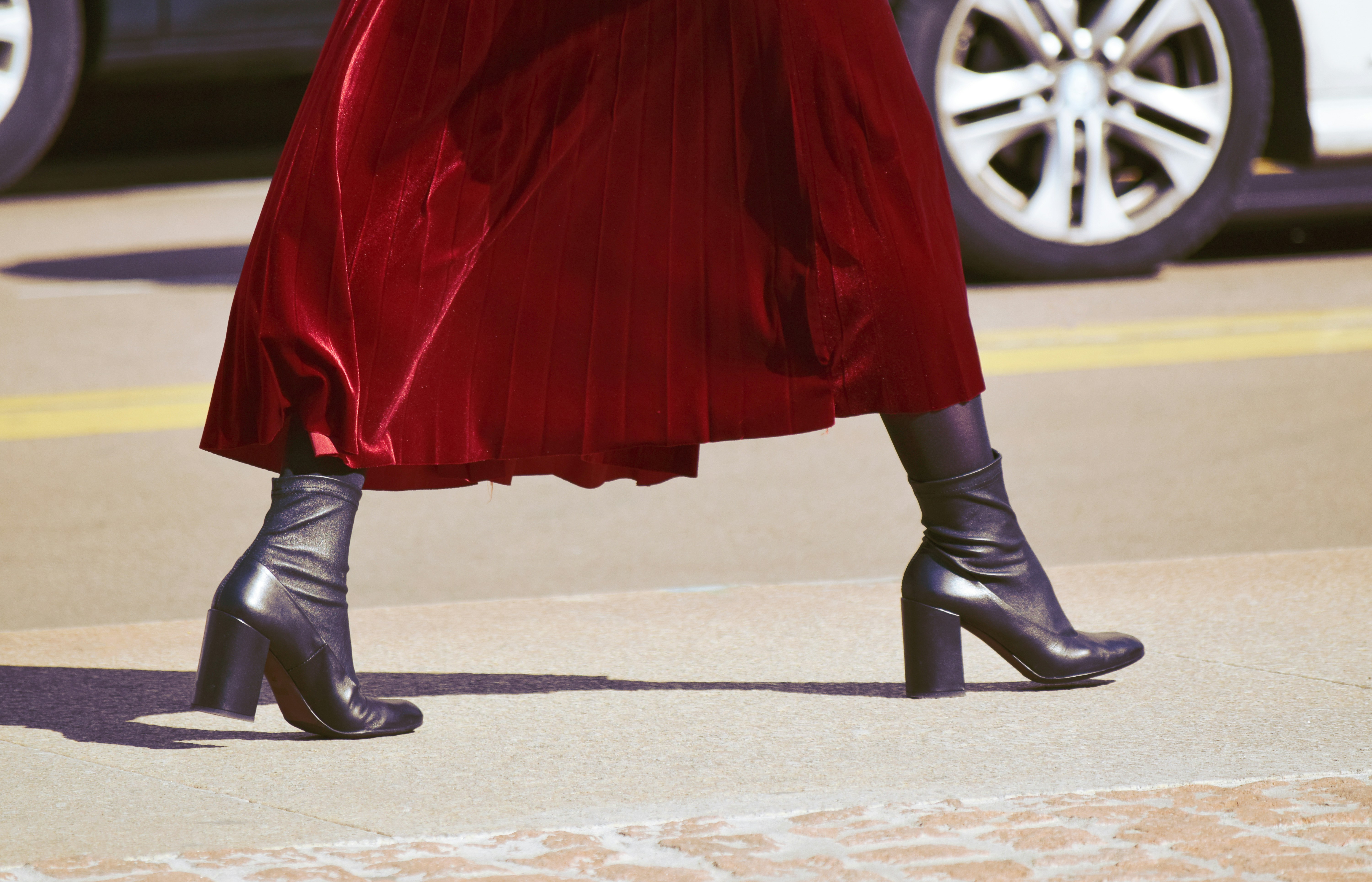 red dress and black boots