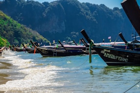 blue and green boat on shore during daytime