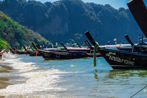 blue and green boat on shore during daytime