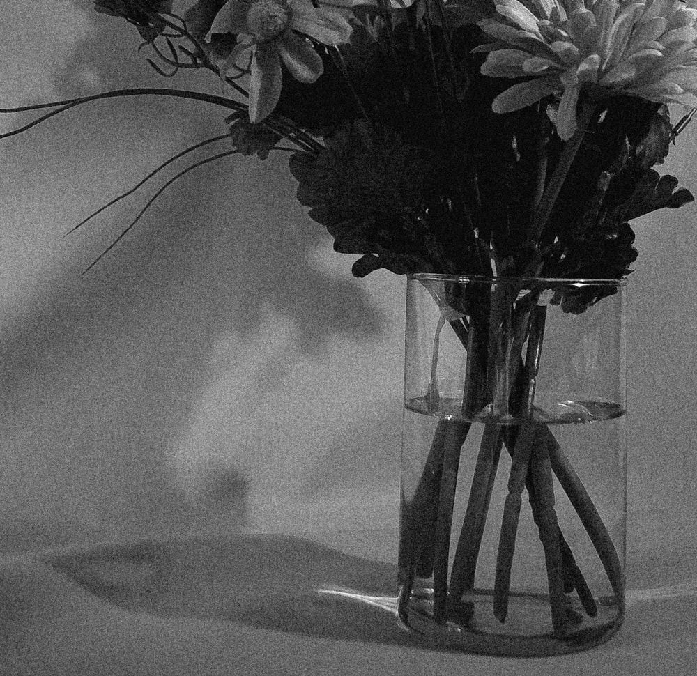 grayscale photo of flowers in clear glass vase