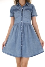 A denim dress with short sleeves and a button-down front. The dress has two chest pockets and a flared, gathered skirt. The denim is a light blue color and the fabric appears soft.