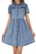 A denim dress with short sleeves and a button-down front. The dress has two chest pockets and a flared, gathered skirt. The denim is a light blue color and the fabric appears soft.