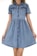 A denim dress with short sleeves and a button-down front. The dress has two chest pockets and a flared, gathered skirt. The denim is a light blue color and the fabric appears soft.