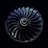 A symmetrical view of a jet engine turbine with curved blades radiating from a central spiral hub, set against a dark background.