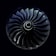 A symmetrical view of a jet engine turbine with curved blades radiating from a central spiral hub, set against a dark background.