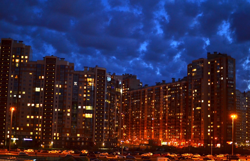 city skyline during night time