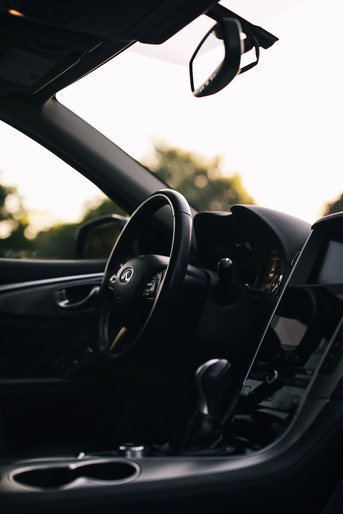 Premium modern car cabin with steering wheel and center console