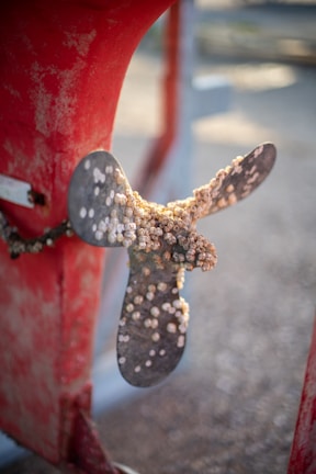 A metal boat propeller encrusted with barnacles and marine growth is mounted on a red background. The weathered red paint and barnacles indicate it has been submerged in the ocean for extended periods. The image is focused on the texture and details of the barnacles, with blurred surroundings.