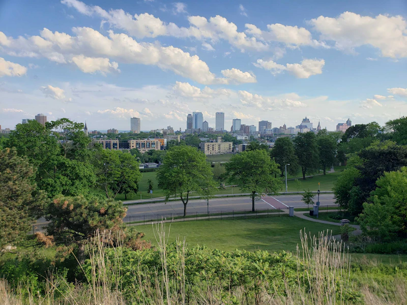 Milwaukee skyline viewed across the water from Kilbourn Reservoir Park