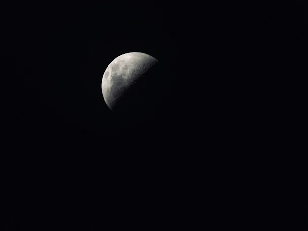 The moon’s cratered landscape illuminated under deep space shadows.