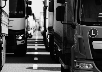 grayscale photo of cars on road