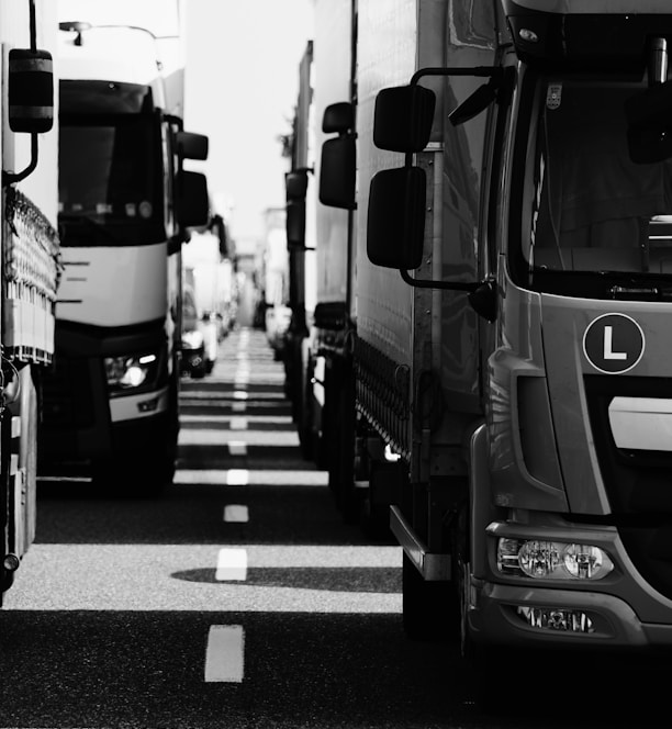 grayscale photo of cars on road