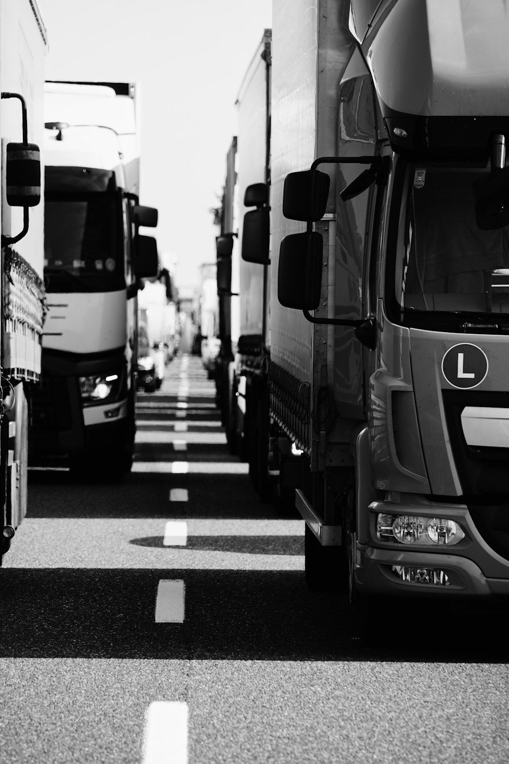 grayscale photo of cars on road