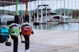 A group of friends laughing and holding their fishing rods on a wooden dock.