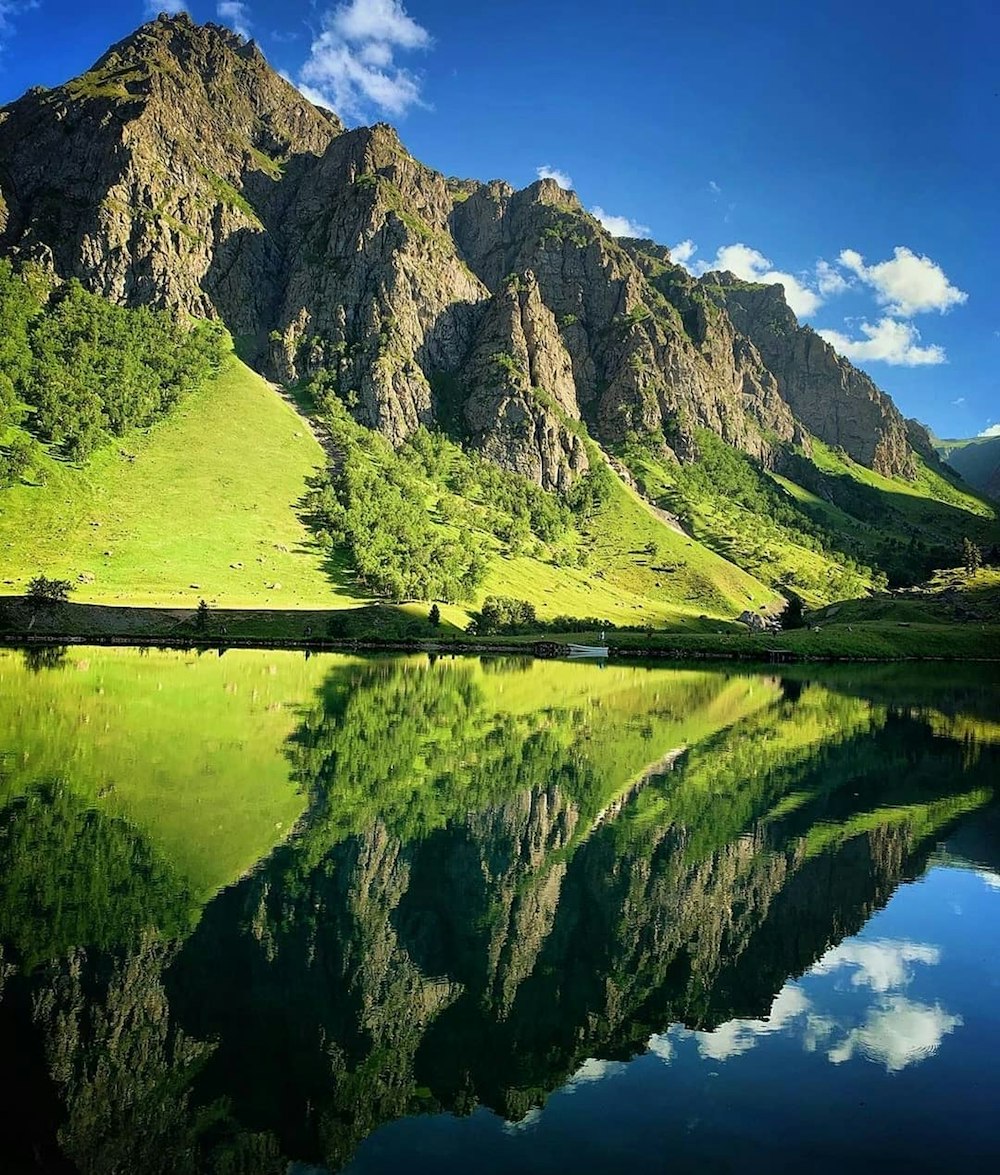 green trees near lake and mountain under blue sky during daytime