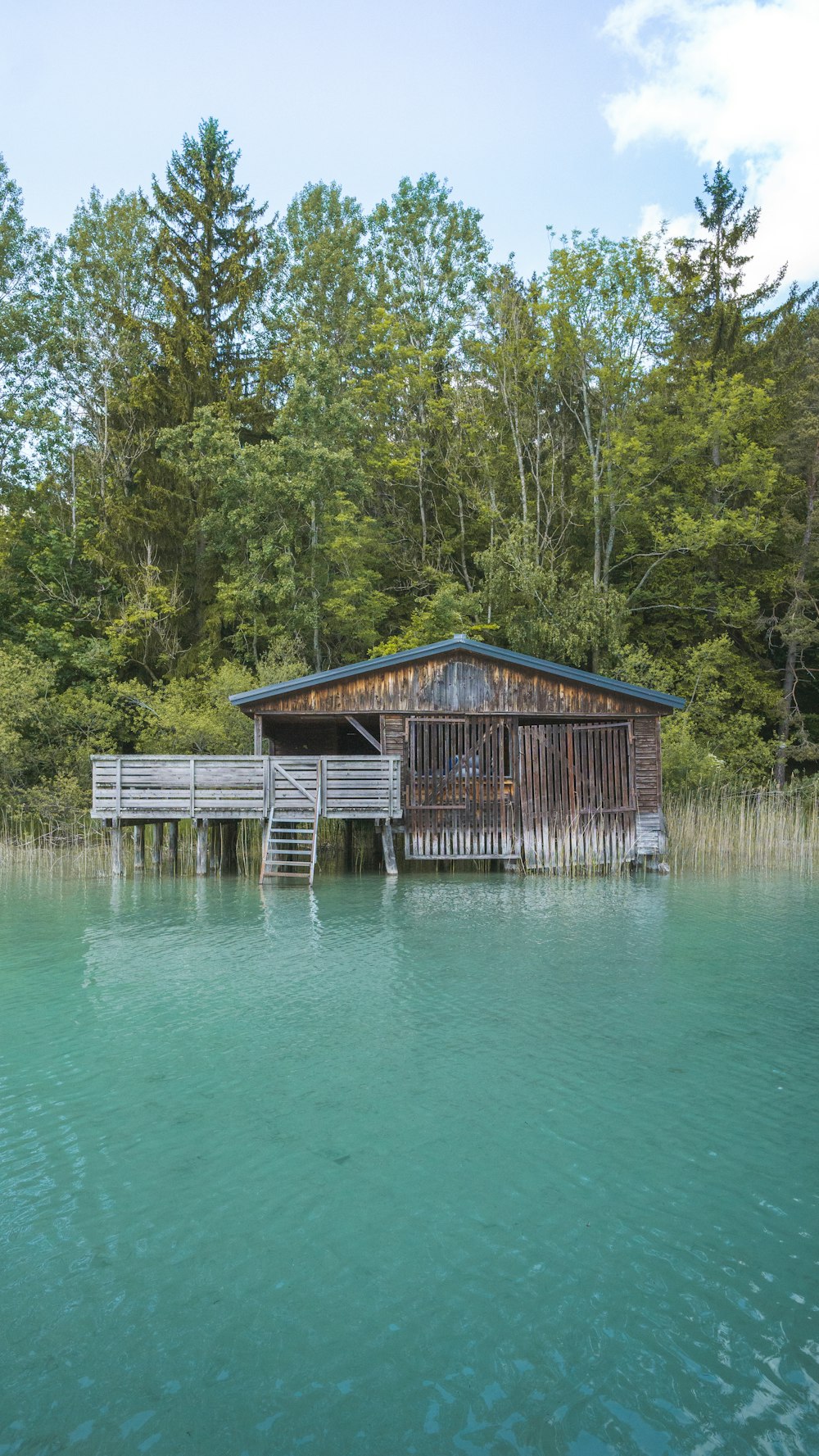 brown wooden house on water