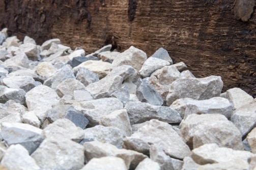A collection of gray and beige rocks lies at the base of a large, textured wooden log. The stones are irregularly shaped and vary in size, creating a visually interesting contrast against the dark, rough surface of the wood.