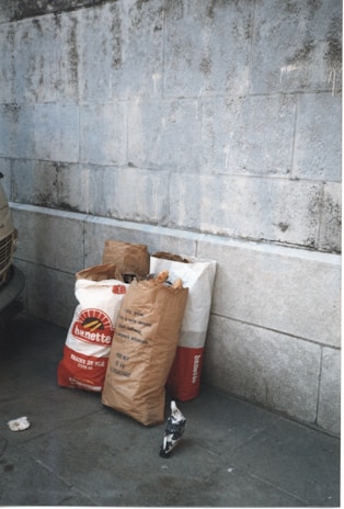 Several bags of flour, one labeled with the brand 'banette,' are placed against a textured stone wall. A black and white pigeon stands in the foreground near the bags.