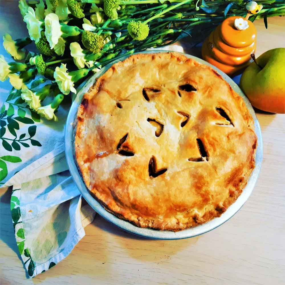 pie on blue and white textile