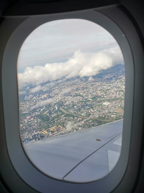 Aerial shot of a city skyline taken from a cruising airplane.