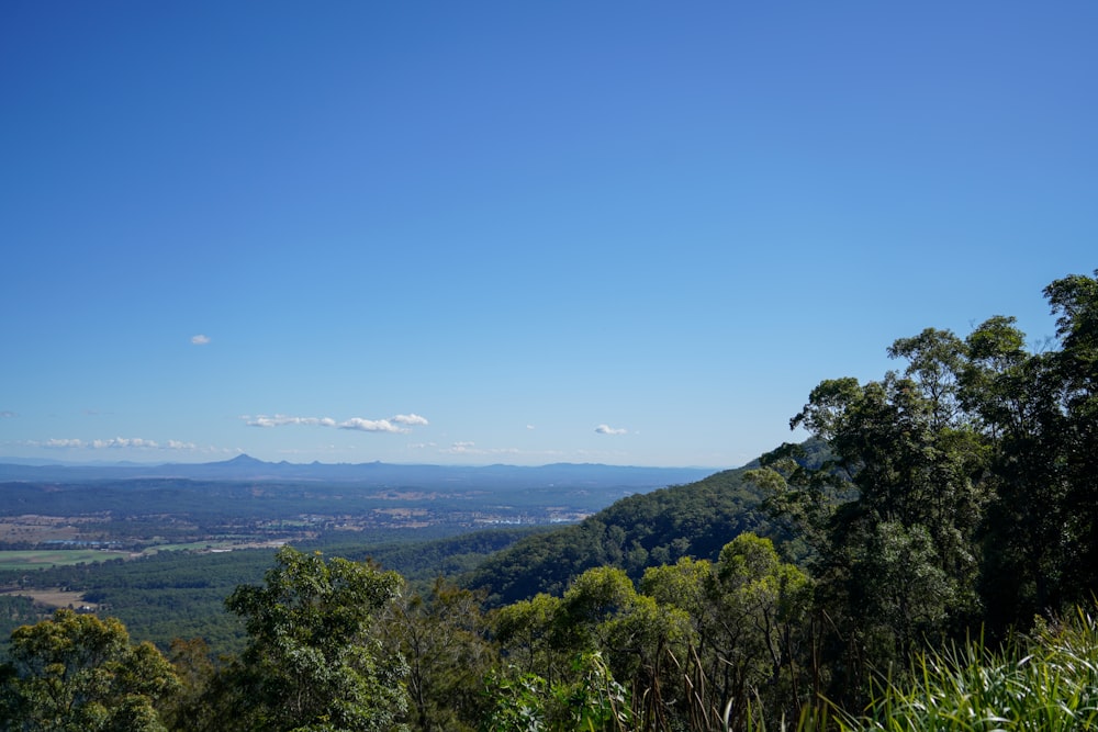 a view of a valley and mountains from the top of a hill