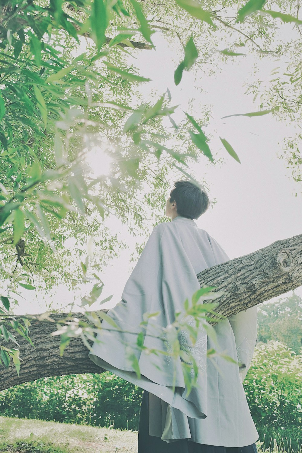 Mujer en vestido blanco de pie bajo árbol verde durante el día