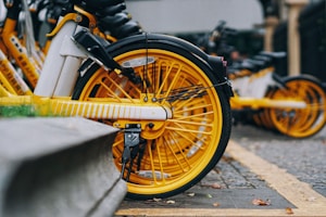 Bright yellow bicycle wheels are lined up in a row, partially in focus, with a close-up view of the spokes and tires. The pavement and curb are visible, with some blurred bicycles in the background.
