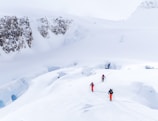 Three mountaineers with backpacks and ski poles traverse a snowy, mountainous landscape. The scene includes snow-covered peaks and crevices, with prominent jagged rocks visible in the background.