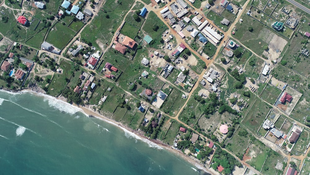 aerial view of houses near body of water during daytime