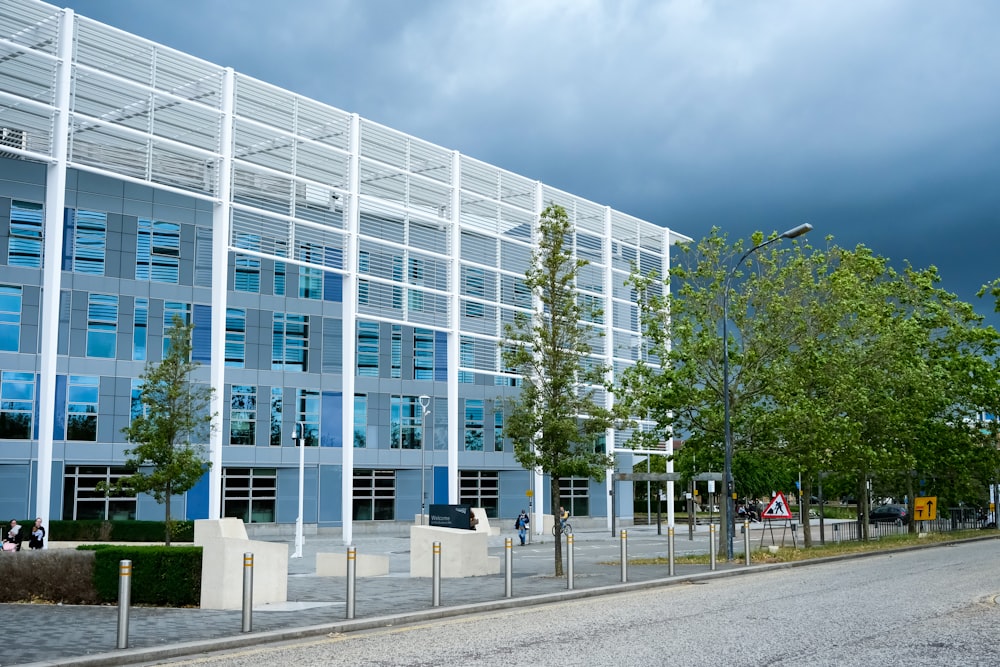 white and blue glass building