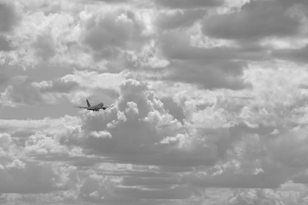 grayscale photo of flying bird under cloudy sky