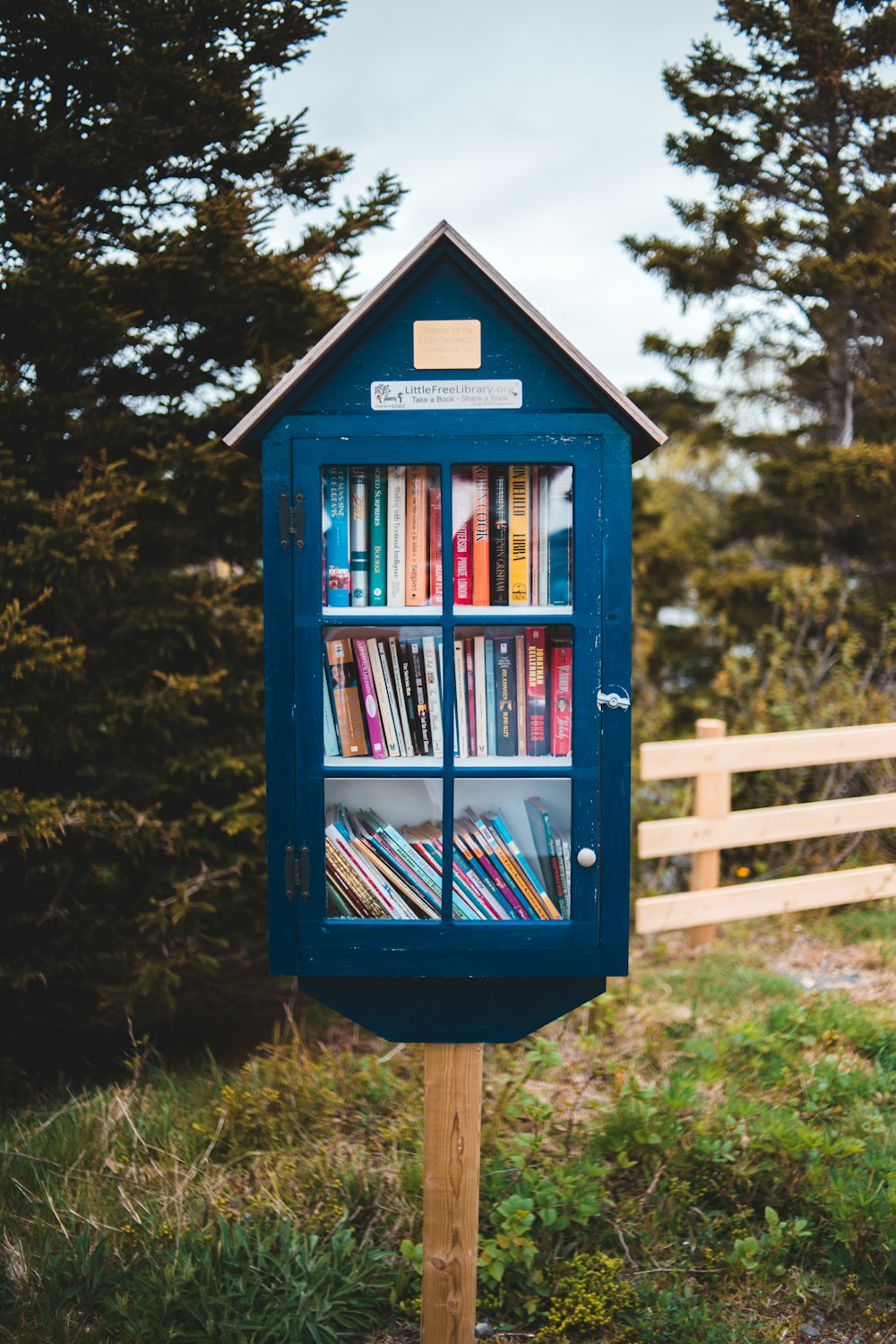 Maison en bois bleu sur un champ d’herbe verte