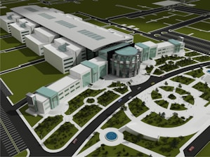 A panoramic view of a completed industrial facility showcasing modern architecture and landscaping.